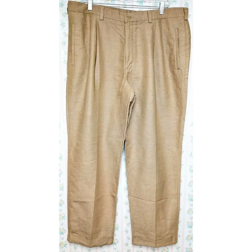 Savane Dress Pants MENS 40x30 TAN PLEATED CUFFED SLACKS career business normcore